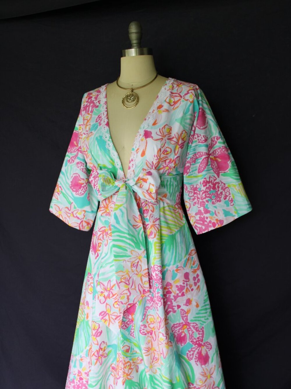 Lilly Pulizer Rare custom maxi dress gown ORCHID caftan tunic kimono Lace trim S - Picture 4 of 10